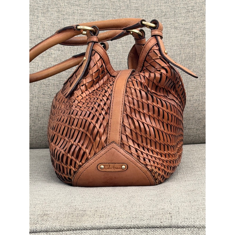 Cole Haan Woven Leather Hobo Bag Cognac Brown Satchel Gold Hardware - Picture 3 of 11